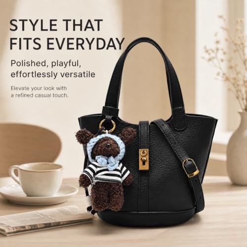 Women Small Tote Bag with Crossbody Strap, Faux Leather Shoulder Handbag with Cute Bear Charm, Mini Bucket Purse for Work Travel Shopping by COC.EFRENAR - Used condition - Image 9