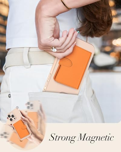 Image of Shorogyt for Magnetic Phone Wallet Compatible with Magsafe Card Holder - Luxury Slim Leather Mag Wallets for Women Men Fit 4 Cards, for iPhone 17 /16 /15 /14 /13 /12 Series, Lychee Orange, 2.5 inch x 0.3 inch x