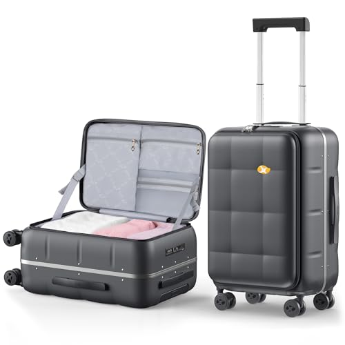 MGB 20 Inch Carry On Luggage with Wheels PC Hard Shell Suitcase Top Opening Travel Luggage Suitcases for Woman Men Gifts, Charcoal Grey, Aluminum Frame 20-Inch, Casual, Exquisite, Business