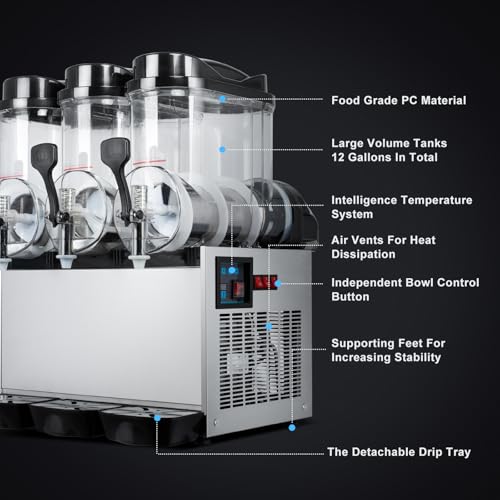 TECSPACE 110V 3 Tank 12 Gallons Commercial Slushy Machine 1100W, Stainless Steel Margarita Smoothie Frozen Drink Maker for Cocktail Ice Juice Tea Coffee Making, Slush Frozen Drink Machine, Sliver - Thumbnail 4