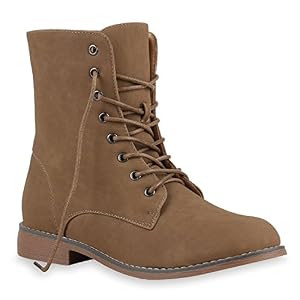 stiefelparadies Damen Stiefeletten Profilsohle Worker Boots Leder-Optik Schnürstiefeletten Camouflage Verlours Schuhe 126085 Khaki Bernice 37 Flandell