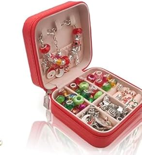 طقم صنع المجوهرات من كيدز زون للبنات، مصنوع من المعدن باللون الأحمر، مناسب للأعمار 6-12 سنة. محمول وسهل الاستخدام، يتضمن صندوق مجوهرات وأساور للحرف اليدوية