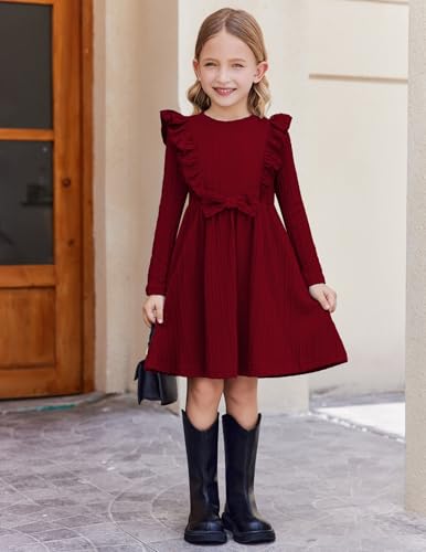 Arshiner Toddler Girl Dress Ruffle Ribbed Knit Long Sleeve A-Line Swing Fall Winter Bowknot Casual Dress with Pockets 5