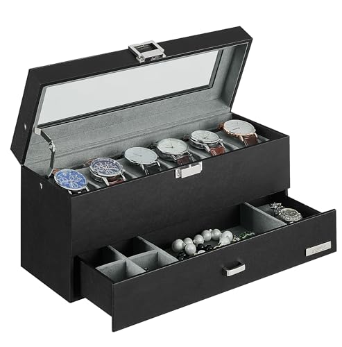VASIHO Scatola per Orologi a 6 Scomparti, Cassetta con Coperchio in Vetro, Chiudibile, Astuccio Portagioielli 2 Livelli, 1 Cassetto, Anello, Cassa Portaorologi con Chiusura, Grigio SSH206HV1