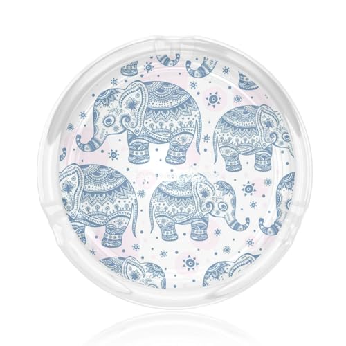Posacenere rotondo in vetro con stampa di elefanti bohémien, per casa, ufficio, soggiorno, auto, tavolini da caffè decorativi