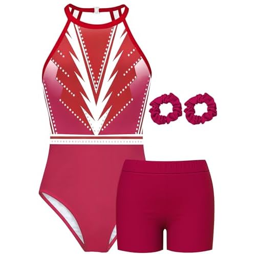 MOLLDAN Gymnastics Leotard for Girls Halter Neck Biketard Unitard Tumbling Activewear for Kids,No Diamond Red&white Style 9-10 Years