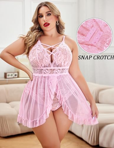 Image of SSoShHub Women's Plus Size Lingerie Beautiful Babydoll Snap Crotch Lace Chemise Ruffles Nightwear Bodysuit with Babydoll