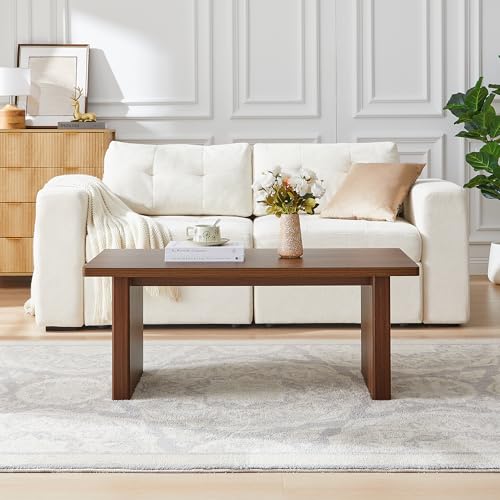 Image of Rectangular Fluted Coffee Table, Farmhouse Wood Coffee Table Mid Century Modern Center Table Boho Living Room Tables for Living Room Office (Walnut, 19.69 inch D x 43.3 inch W x 17.72 inch H)