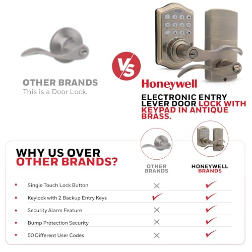 Honeywell Safes & Door Locks - Keyless Entry Lever Door Lock Handle with Electronic Keypad - Easy to Install Front Door Lock with Code - 50 User Pin Codes - Antique Brass - 6.5 x 8.8 x 9 in - 8734101 by Honeywell - Image 6