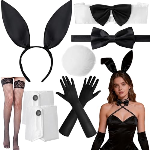 9Pcs Black Bunny Costume Set Women, Bunny Ear Headband Gloves Arm Cuffs Fluffy Tail Bow Tie Adult Rabbit Cosplay Accessories for Halloween Easter Party Dress Up Easter Bunny Costume Adult Outifits