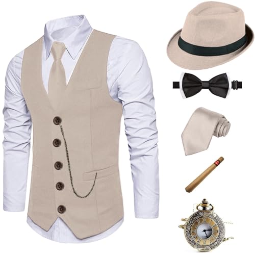 1920s Mens Costume Set: Gatsby Vest with Hat, Pocket Watch & Bow Tie