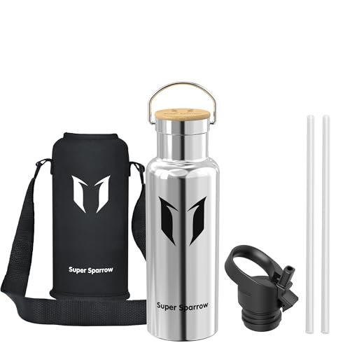 Láhev na pití Super Sparrow nerez - 500 ml - nepropustná termoska, láhev na vodu bez BPA - termoska s oxidem uhličitým pro děti, perlivá voda, sport, univerzita, škola, fitness, outdoor, kemping