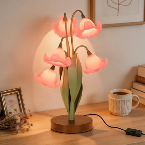 Flower Table Lamp for Bedroom Cute Reading Light with 5 Pink Magnolia Flower of The Valley Desk Lamp Bedside Lamps for Nightstands Home Decor Soft Reading Night Light for Bedroom Living Room Office