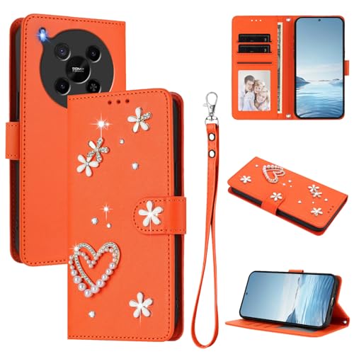 Jiajihua Case Compatible with ZTE Blade V70 Max Lanyard【Card Holder Wallet Flip Cover Magnetic Buckle Kickstand】 Orange