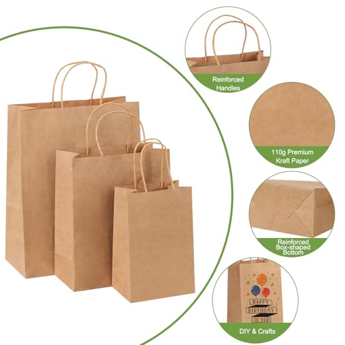 OUTUXED 120pcs Paper Bags with Handles Assorted Sizes Kraft Brown Paper Gift Bags Bulk 3 Mixed Sizes for Retail, Party, Birthday, Gift, Shopping, Business, Merchandise