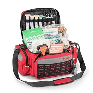 RHINO RESCUE First Responder First Aid Kit Fully-Stocked EMT Bag, Professional EMT/EMS Trauma Medical Kit, Molle System & Reflective Stripe, 300+ First Aid Supplies, Suits for Business, Home (Red)