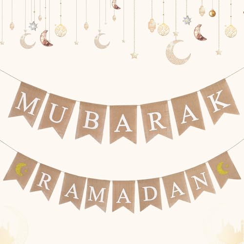 Juego de decoración de Ramadán Mubarak de arpillera con luna y estrella, suministros de fiesta musulmana para decoración de Eid, Islam, boda, cumpleaños