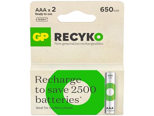 GP Lot de 2 piles rechargeables ReCyko 650 AAA Slim Pen Ni-Mh 1,2 V