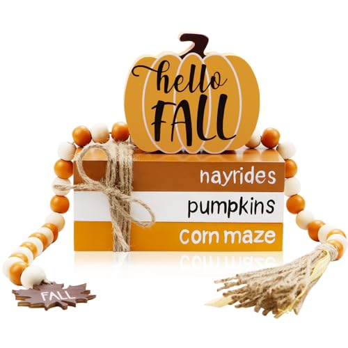 Finphoon Fall Wood Book Stack, Thanksgiving Tiered Tray Decor, Autumn
