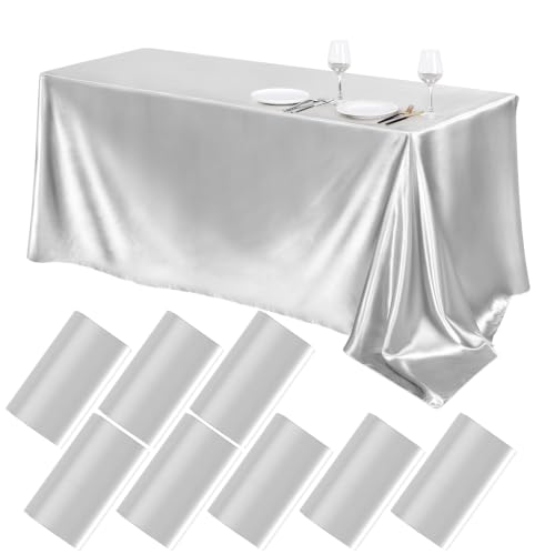 TURSTIN 8 Pack Silver Satin Tablecloth 102 x 58 Inch Overlay Table Cover