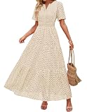 ZESICA Women's 2026 Summer Short Sleeve Maxi Dress Casual V Neck Hollow Out Eyelet Ruffle Swing A Line Long Dresses,Apricot,Medium
