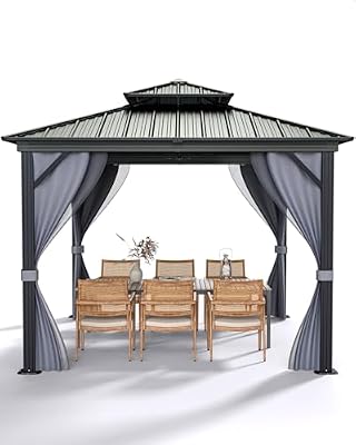 Outdoor Gazebo 12x12 Hardtop, Aluminum Frame Permanent Pavilion with Double Roof, Mosquito Netting & Privacy Curtains for Patio, Garden, Deck, Lawn and Backyard Parties
