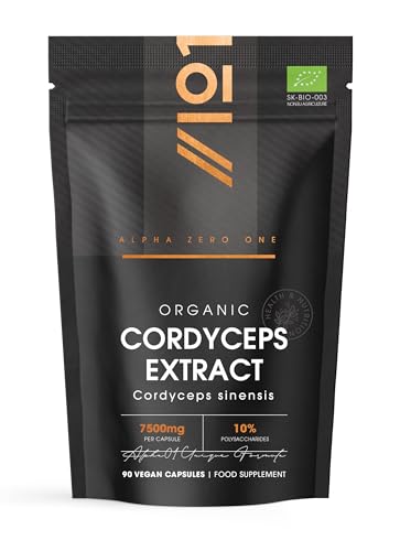 Organic Cordyceps Mushroom Extract 7500mg High Strength Polysaccharides Supplement 90 Vegan Capsules (3 Months Supply) Resealable and Recyclable Pouch By Alpha01