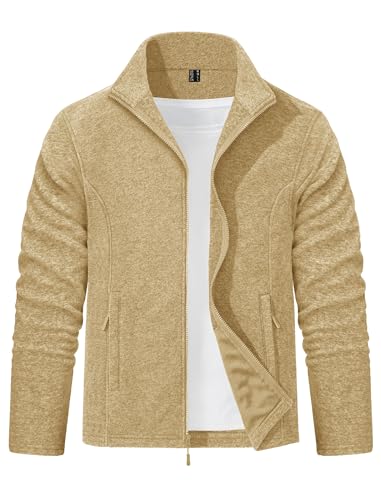 EKLENTSON Winter Fleece Jacket Men Full Zip Lightweight Warm Casual Work Hiking Coat Military Army Jacket with Zip Pocket Khaki,S