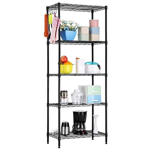 5-Tier Storage Rack Standing Shelf Wire Shelving Metal Storage Shelves Heavy Duty Adjustable Carbon Steel Shelf Standing for Closet Kitchen Laundry Garage Organization 21.25"x11.42"x59.06" (Black) Cover