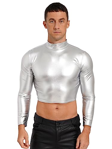 easyforever Men's Metallic Mock Neck Long Sleeve Crop Top Shiny Compression Shirts for Club Party Silver Large