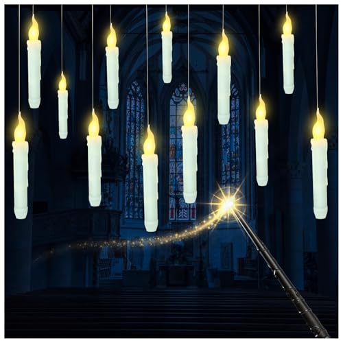 Image of Prerish 12 PCS Floating Candles with Wand - Christmas Decoration Magic Hanging Candles - Flickering Warm Light Floating Candle Decor for Home Indoor Room Classroom Bedroom Party