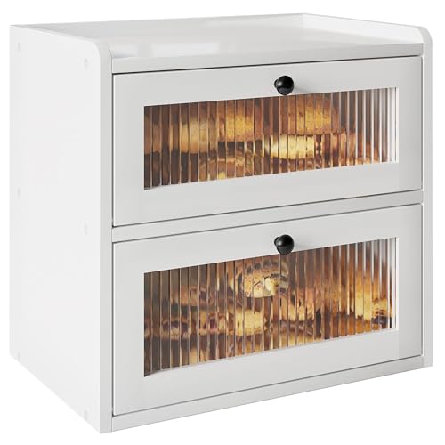 Alpeir 2-Tier Wooden Bread Bin with Ventilation Holes for Enhanced Freshness & Easy Maintenance, Kitchen Storage Solution, 36.7 W x 23.9 D x 34.4 H cm, White