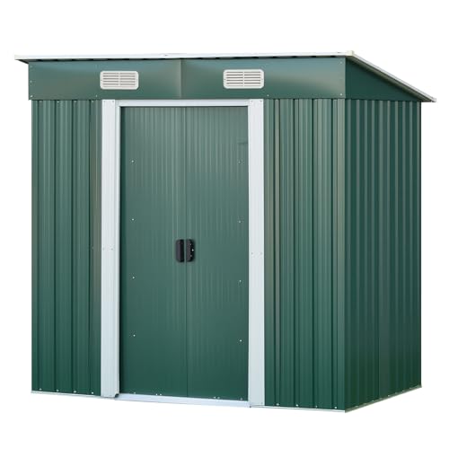 Image of Panana Metal Garden Shed Storage Sheds Heavy Duty Outdoor FREE Base Foundation Green/Grey Color (6ft x 4ft Green)