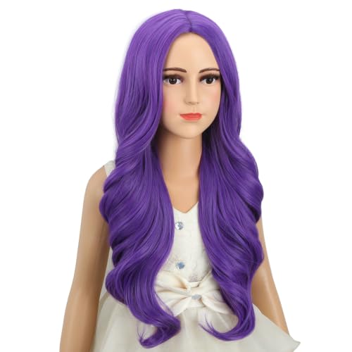 Image of Child Dark Purple Wig Girls Long Deep Purple Wavy Curly Wig Kid Middle Part Wigs Heat Resistant Synthetic Wigs with Cap