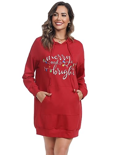 Image of Quenteen Women Hoodies Dress Hooded Sweatshirts Dress Casual Long Sleeve Tunic Dress Oversized Sweatshirts with Pocket