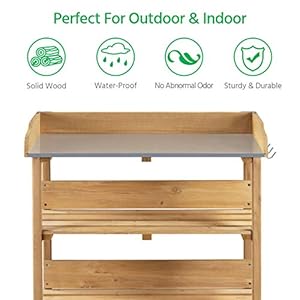 Topeakmart potting bench table wmetal tabletop for garden fir wood workstation w3 tier shelves outdoor work bench whook natural wood  urban country home decor