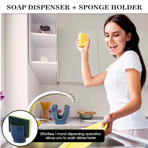 Image of QimacPlus Overseas Sponge Holder Handcrafted Blue U-Shaped Ceramic Sponge Holder for Modern Kitchen Organization and Decor