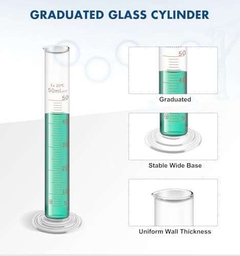 FOUR E\'S SCIENTIFIC Glass Beaker Set 50/100/250/500 ml, Glass Flask 50/100/150/250 ml, Graduated Cylinder 10/25/50/100ml, 1 Brush, 2 Droppers, and 4 Stirring Rods