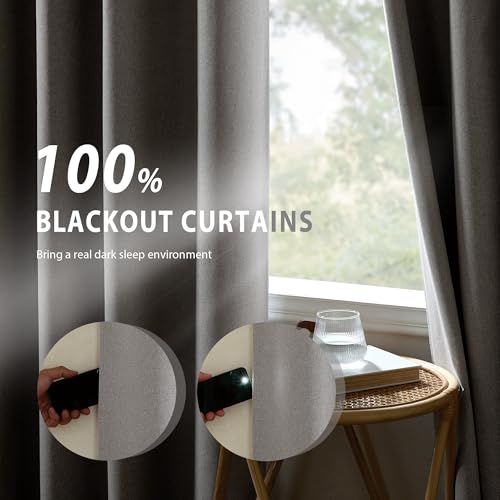 Image of NICETOWN 100% Absolutely Blackout Faux Linen Curtains with Thermal Insulated White Liner, 52 inch W, 2 PCs, Light Grey, 90 inch Long Drapes Sweep The Floor Decorative Keep Privacy Panels for Living Room /Villa