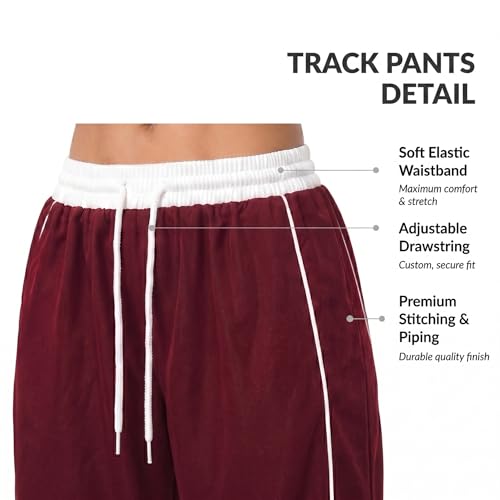 Image of Women's Baggy Loose Fit Wide Leg Track Pants | Elastic Waist Drawstring Casual Lounge Trousers with Side Stripe and Pockets