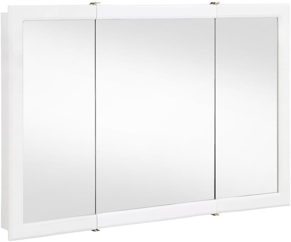 Pemberly Row 48-Inch Tri-View Wood Medicine Cabinet, White Semi-Gloss Finish, 3 Doors with 2 Stationary Shelves, Durable Moisture-Resistant Bathroom Storage Mirror Cabinet