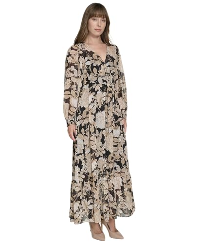 Tommy Hilfiger Balloon Sleeve Tie Cuff Surplice Neck Maxi Dress Vestido, Negro/Arena, 34 Mujeres