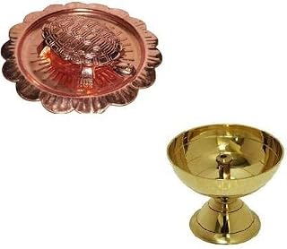 Aashita Creations Combo of 2 Pieces Brass Oil Lamp Diya for Worship and Feng Shui Tortoise on Plate Showpiece