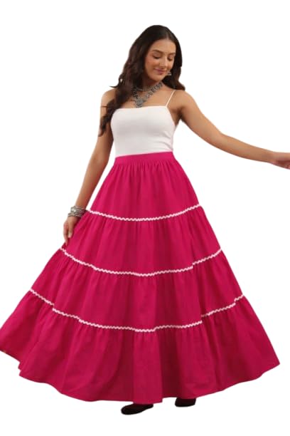 Women Pink Tiered Long Skirt | High Waist Flowy Maxi Skirt | Casual A-Line Boho Style Skirt-picture-21