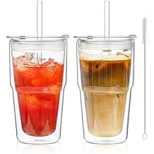 KEMORELA 16oz Clear Double Wall Drinking Glass Cups with Lids and Straws, 2 Pc Set Condensation Resistant Insulated Glass Can Tumblers for Cold Drinks,Iced Coffee,Tea,Juice and Drinks Cleaning Brush