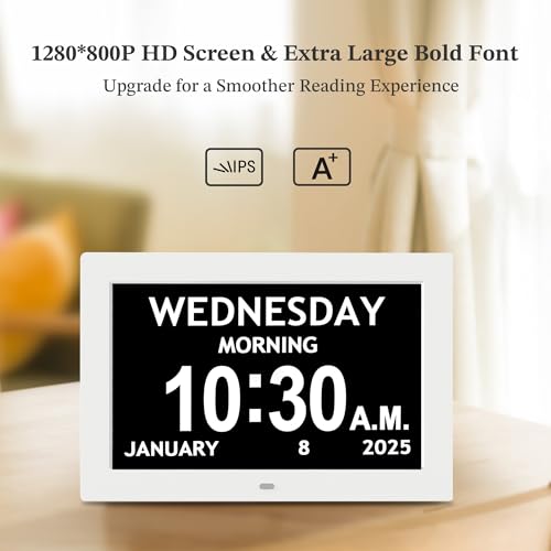 10.1\'\' Digital Clock, 1280*800p HD Extra Large Display, Dementia Clock For Seniors, 10 Reminders & 6 Alarms, Auto Dimming & DST, Remote Control, Digital Clock With Date, Time, Day Of Week, White