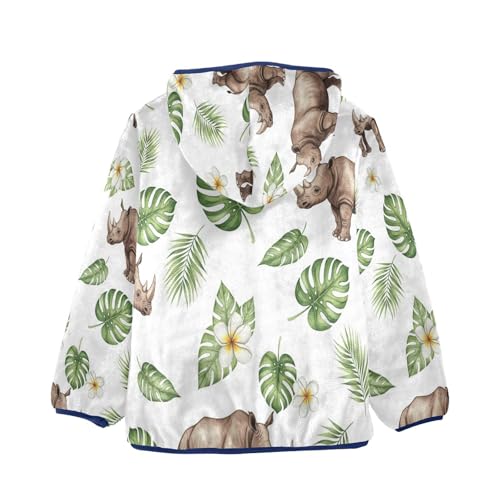Rhino Leaves Flowers Pattern Toddler Fleece Jacket Girl Boys Hooded Fleece Jacket Coat Warm Outwear Zip-up 3-10T2
