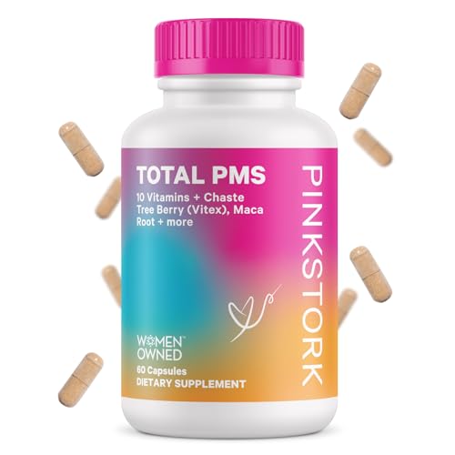 Pink Stork PMS Supplement for Women - Vitex, Ashwagandha, Maca Root & 10 Vitamins & Minerals to Support Hormone Balance, Mood, Bloating, Period Regularity - 60 Capsules