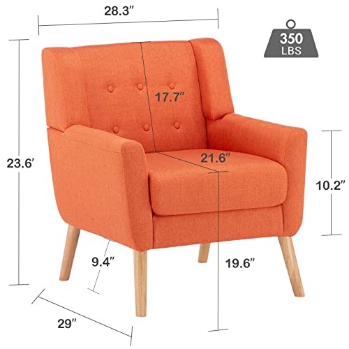 K Knowbody Accent Chair, Mid Century Modern Chair For Living Room, Linen Upholstered Comfy Armchair, Reading Chair With Solid Wood Legs, Small Chair For Bedroom, Warm Orange #TOP1