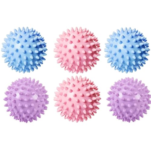 Reusable Laundry Dryer Balls, Plastic Anti-Static Fabric Softener, Reduces Wrinkles, Sustainable Cleaning Supplies, Essential Washing & Drying Aid for Soft, 6 Pack, 2.36 in (Sky Blue/Purple/Pink)